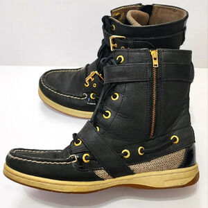 Sperry Women's Black Gold Detailing  Tall Side Buckle Zip Ankle Boots, sz 6.5